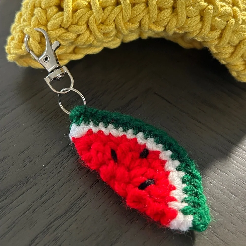 Handmade VINTAGE Yellow Crochet Shoulder Bag with Watermelon Charm 🍉